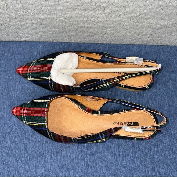 Matiko Shoes Lori Womens EUR 36 US 6 Green Tartan Plaid Point Toe Slingback Flat - Picture 3 of 7